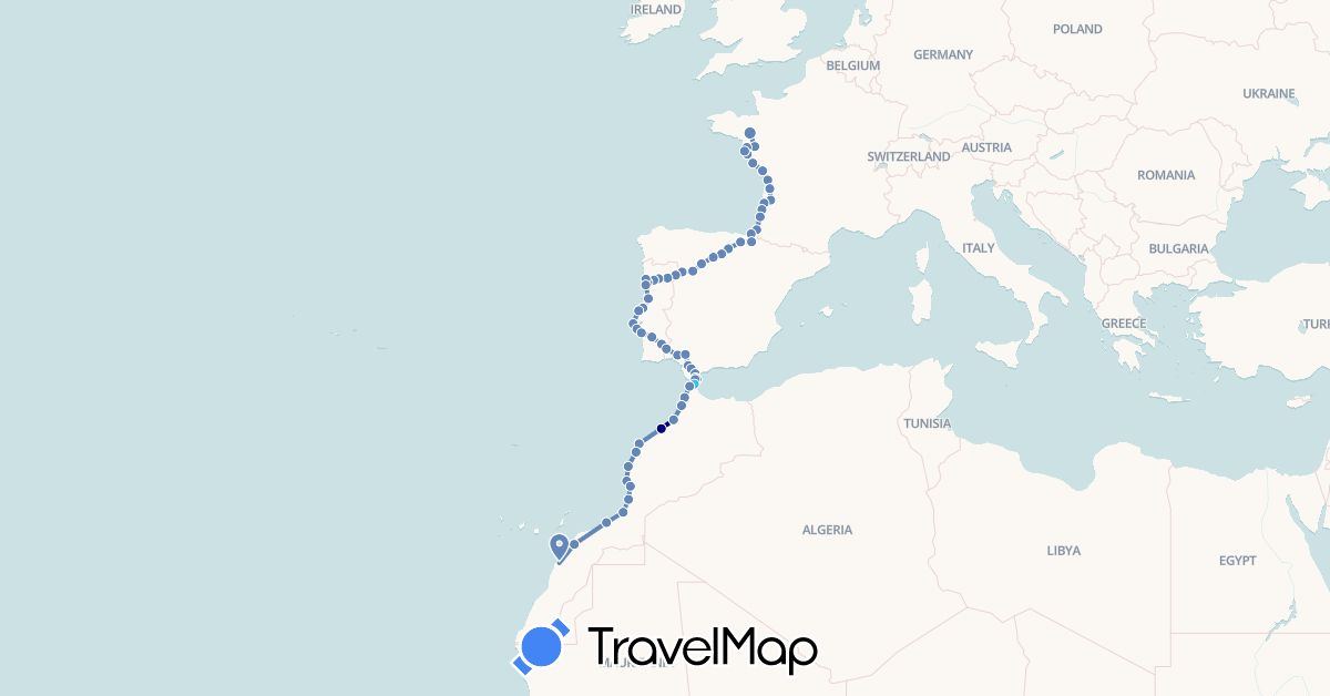 TravelMap itinerary: driving, cycling, boat in Spain, France, Gibraltar, Morocco, Portugal (Africa, Europe)